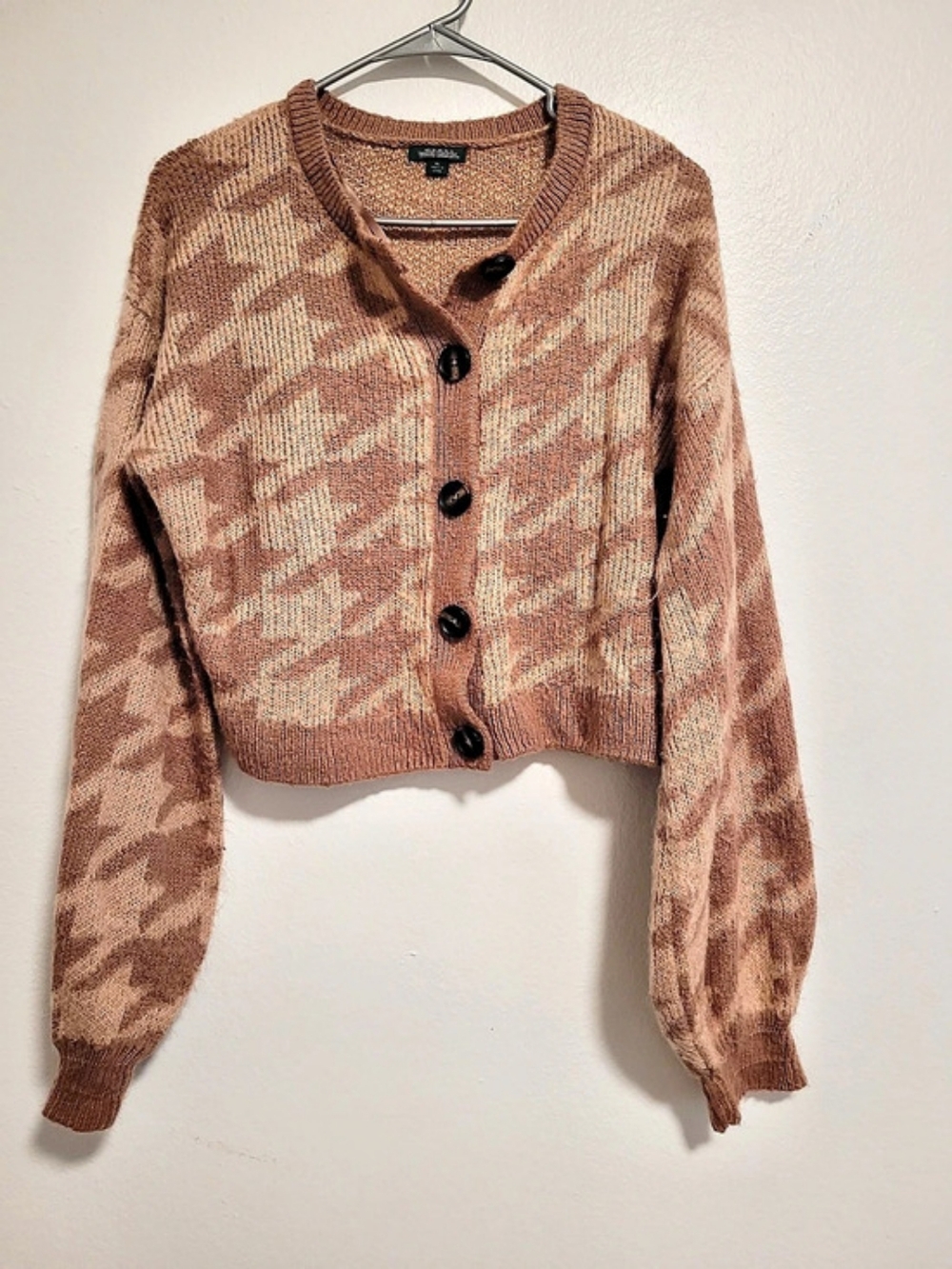 Wild Fable Houndstooth Button Front Cardigan Cropped Cardigan Brown & Pink